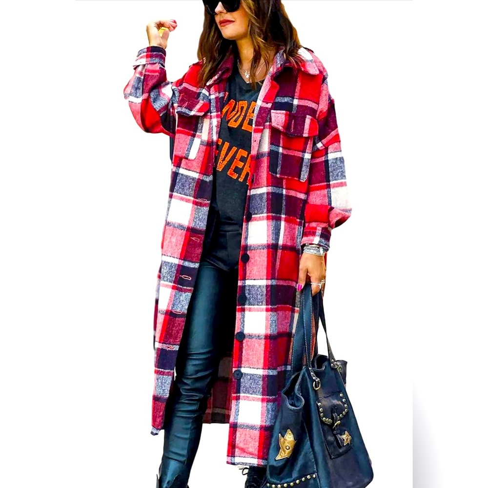 Women's Flannel Plaid Shacket Fall Oversized Long Button Down Shirt Jacket